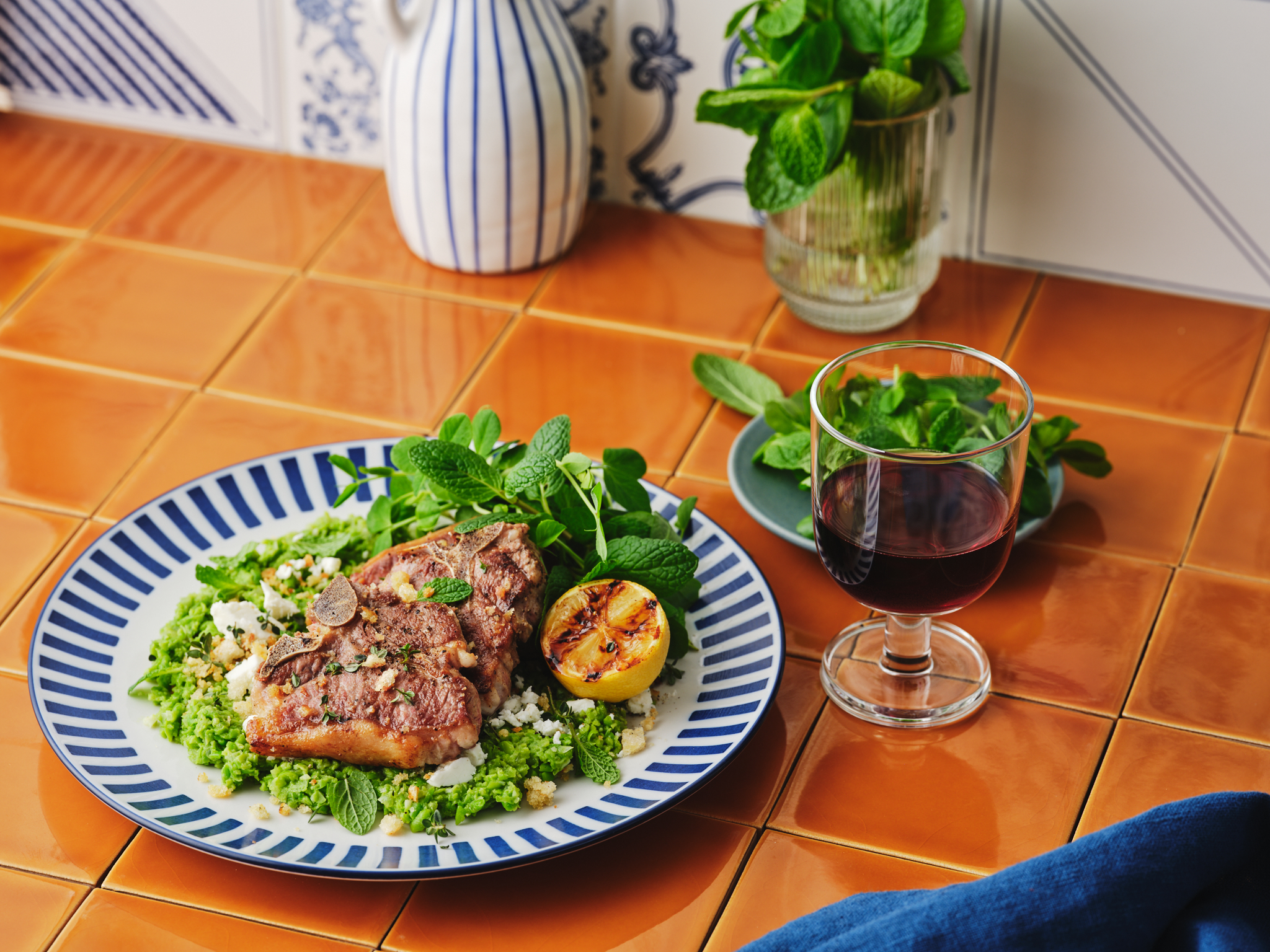 Grilled Lamb Loin Chops with Smashed Lemon Peas, Feta & Toasted Breadcrumbs